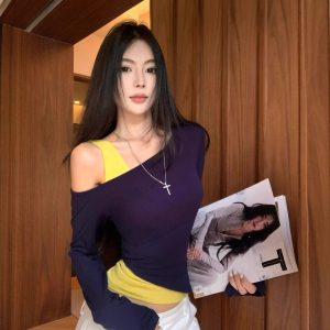 Women's Autumn Design Versatile Slimming Fake Two-Piece Short Top