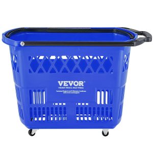 Shopping Baskets, 6PCS, 39L Shopping Carts With Handles, Plastic Rolling Shopping Basket With Wheels, Large Portable Shopping Basket Set For Supermarkets, Retail Stores, Grocery Shopping, Blue