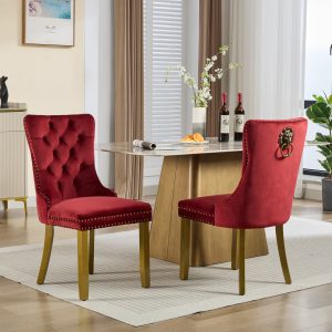 Mid-Century Modern Chairs With Lion Head Pull Ring,High-end Tufted Solid Wood Contemporary Velvet Upholstered Dining Chair With Golden Wooden Legs Nailhead Trim 2-Pcs Set,Wine Red,SW1201WR