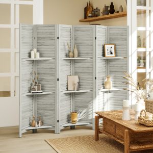 6 Panel 67" Tall Privacy Screen Room Divider with 3 Shelves and Folding Storage for Bedroom