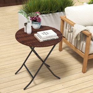 Outsunny Foldable PE Rattan Outdoor Coffee Table, Metal Frame Wicker Round Side Table, Coffee Table Side Table For Lawn, Garden, Mixed Brown
