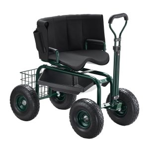 Rolling Garden Cart With Swivel Seat Backrest Toolbox Wheel Extendable Handle