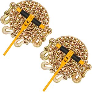 Chain And Binder Kit, 3/8"-1/2" Ratchet Load Binders 9200 Lbs Working Load Limit, 3/8" X 10' G80 Chains With Grab Hooks, Ratchet Binders And Chains For Truck, Tie Down, Hauling, Towing, 2 Set