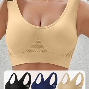 3PCS EssElegance High Support Wire-Free Sports Bras With Padded & Mesh Panels, Breathable Stretch Fit For Yoga Running Training