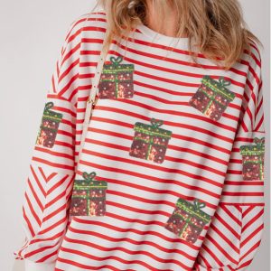 Orange Stripe Sequin Christmas Gift Patch Drop Shoulder Sweatshirt