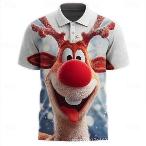 Men's 3D Digital Printing Christmas Santa Reindeer Polo Collar Short Sleeve