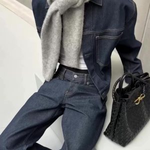 Dark Denim Oversized Jacket And Wide-Leg Pants Set