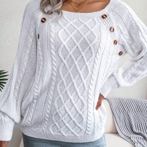 Casual Square Neck Buttoned Cable Knit Pullover Sweater