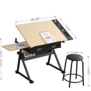 Adjustable Drawing Drafting Table Desk With 2 Drawers For Home Office And School With Stool  Wood