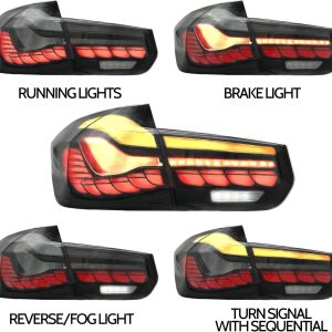 LED Taillights Assembly Fit For BMW 3-Series F30 F35 F80 6th Sedan 2013-2018, With Sequential Turn Signal, Reverse Lights, LED DRL Light, Dragon Scales Styles, Smoked, Sell As One Pair