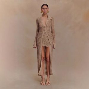 Hollow-out Metallic Long-sleeve Lapel Fashionable Solid-color Dress