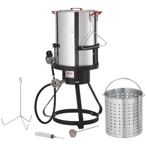 Turkey Deep Fryer, 30-qt Turkey Fryer Boiler Steamer Cooker Set, Outdoor Aluminum Seafood Frying Pot, 54,000 BTU Burner Propane Gas Boiler, Includes Basket, Perforated Poultry Rack, Thermometer