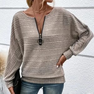 Women's Elegant Batwing Sleeve Half-Zip Top, Ribbed Texture Pullover For Casual To Formal Autumn Winter Wear