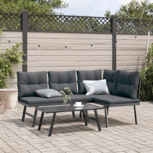 Garden Benches with Cushions, 2 Pieces, Black Powder-Coated Steel