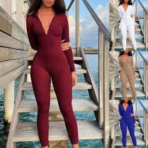 Casual Ribbed Zip-up Jumpsuit Long Sleeves