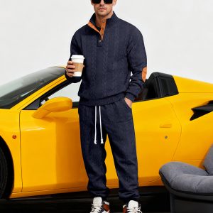 Men's Loose Stand Collar Henley Sweatshirt Casual Pants Set