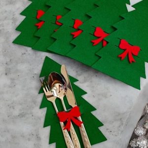 Set Of 6 Green Decorative Christmas Tree Napkin Holders Felt Table Decor Holiday Cutlery Holders