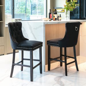 Contemporary Velvet Upholstered Barstools With Button Tufted Decoration And Wooden Legs, And Chrome Nailhead Trim, Leisure Style Bar Chairs,Bar Stools, Set Of 2 Black,SW2002BK