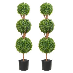Artificial Topiaries Boxwood Trees, 48 Inch Tall (2 Pieces), 3 Ball-Shape Faux Topiaries Plant With Planters, Green Feaux Plant W/ Replaceable Leaves & Port For Decorative Indoor/Outdoor/Garden