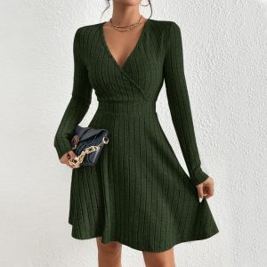 European And American Sexy Women's V-neck Waist-cinching Popular Fabric Ribbed Brushed Long-sleeve Dress