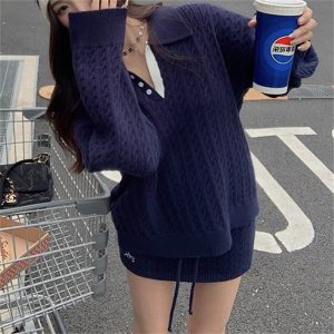 Korean-style Academic Twist Knit Skirt Set