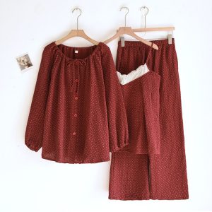 Three-piece Pajama Women's Long-sleeve Cardigan Lace