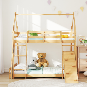 Bunk Bed Twin Over Full, House Bunk Bed With Climbing Nets And Climbing Ramp, 82.6'' Hight Full Kids Bed Frame--A-B Combo Sale, Please Do Not Purchase Individually