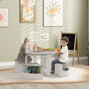 5 Piece Kids Table and Chairs Set with Storage for Art