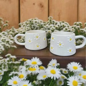Handmade Ceramic Mug Set With Yellow Daisy Design For Coffee And Tea