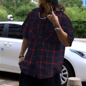 Trendy Checkered Patchwork Button-up Casual Sport Short Sleeve Shirt