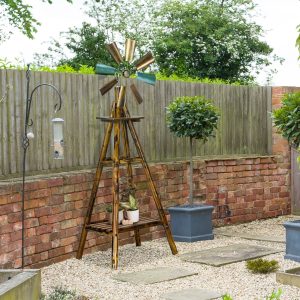 Windmill Weather Vane, Wind Vane with Bottom Shelf, Steel Windmill Head, Stained Wood