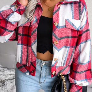 Plaid Lantern Sleeve Wool Coat Jacket