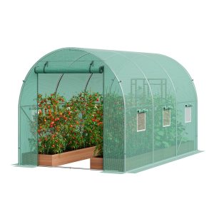 Walk-in Tunnel Greenhouse, 14.6x6.4x6.3 Ft Hoop House Greenhouse Tunnel, Plant Hot House With Galvanized Steel Frame, Green PE Cover, Roll-up Zipper Door And 8 Windows For Outdoor