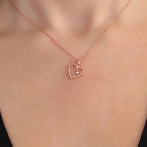 925 Sterling Silver Rose Gold Plated Heart Solitaire Necklace With White Zircon Stone