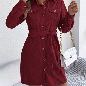 Casual Solid Color Single-Breasted Long Sleeve Corduroy Shirt Dress