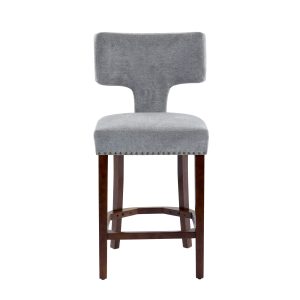 Mid Century Modern Counter Height Bar Stools Set Of 2, Farmhouse Linen Fabric Upholstered Accent Chair Curved Backrest With Copper Nails Around,Kitchen Chairs With Hardwood Frame, Gray