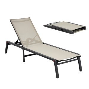 Outdoor Chaise Lounge Chair, 400 Lbs Weight Capacity, Foldable Sun Tanning Chair, 5 Adjustable Positions, Easy Assembly, Heavy Duty Aluminum Pool Recliner Lounge Chairs, For Beach Yard Patio