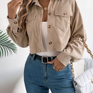 Casual Pocket Long Sleeve Corduroy Short Jacket Coat
