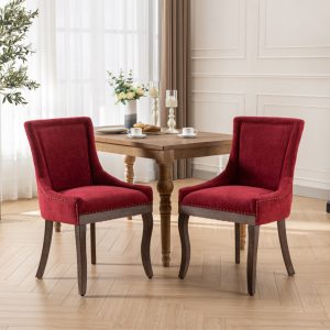 A&A Furniture,Ultra Side Dining Chair,Thickened Fabric Chairs With Neutrally Toned Solid Wood Legs,Bronze Nail Head,Set Of 2,Wine Red,Burgundy,SW1807WR
