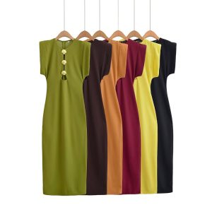 Hollow-out Shell Metal Buckle Waist-tie Long Dress