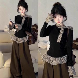 Women's Autumn Fake Two-Piece Spliced Black Base Shirt Long Sleeve T-Shirt