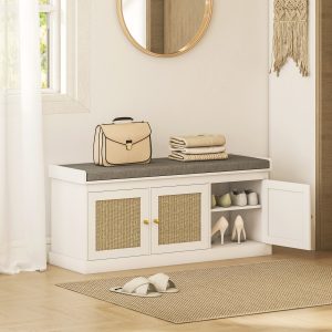 Shoe Storage Bench with Woven Doors