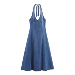 Off-the-shoulder Backless Denim Dress For Women