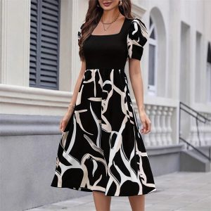 Commuting Knit Printed Stretch Square Neck Slim Short Sleeve Puff Sleeve Dress