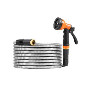 Metal Garden Hose 25 Ft, Rust Proof Stainless Steel Water Hose, Heavy Duty Backyard Hose With 10 Function Nozzle, No-Kink & Flexible Water Pipe, Lightweight Metal Hose For Yard, Outdoor
