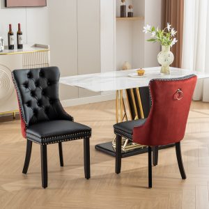 Furniture, Nikki Collection Modern, High-end Tufted Solid Wood Contemporary PU And Velvet Upholstered Dining Chair With Wood Legs Nailhead Trim  2-Pcs Set, Black WineRed, Burgundy,SW2101BW