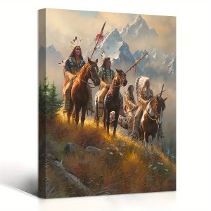 A Canvas Painting With A Wooden Frame That Can Be Hung Directly, Featuring A Native American Warrior On Horseback. It Is Suitable As A Decoration For Bachelor Parties, Vintage Landscape Art, Framed Wa