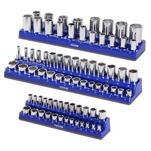 Magnetic Socket Organizer Set, 3PCS Magnetic Socket Holder, 1/4'', 3/8'' & 1/2'' Metric Socket Trays With Clear Labels, Hold Up To 75PCS Standard & Deep Sockets, Blue (Sockets Not Included)