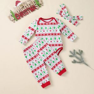 Christmas Tree Print Long-sleeve Bodysuit Pants Hat 3-piece Party Outfit