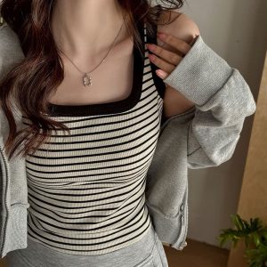 Black Striped Sleeveless Vest Bottoming Halter Top